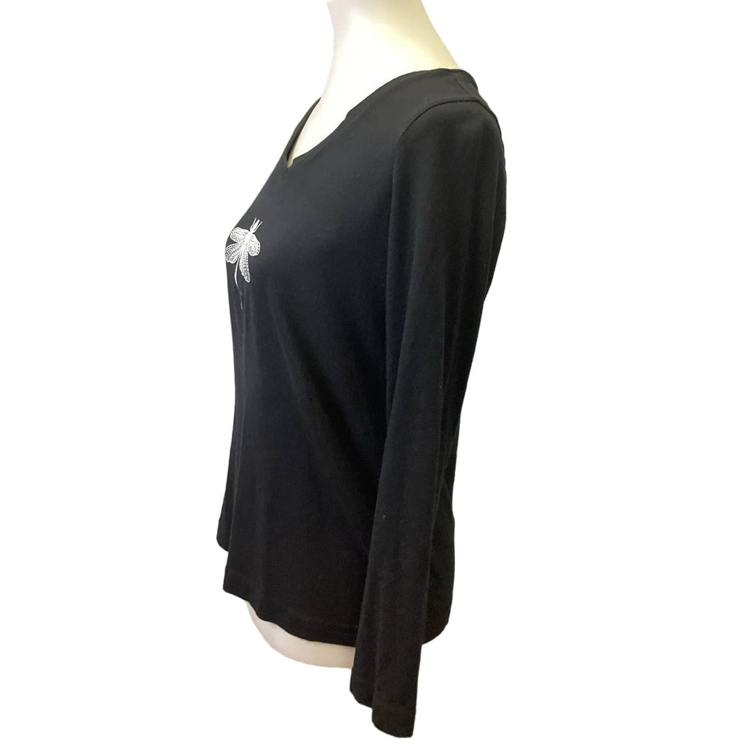 Hand Printed Upcycled Small Dragonfly V Neck 100% Cotton Long Sleeve Tee Shirt