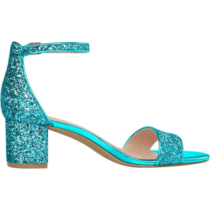 Pizz Annu Womens 6 Blue Glitter Sparkle Open Toe 2" Block Heel Ankle Strap Shoes