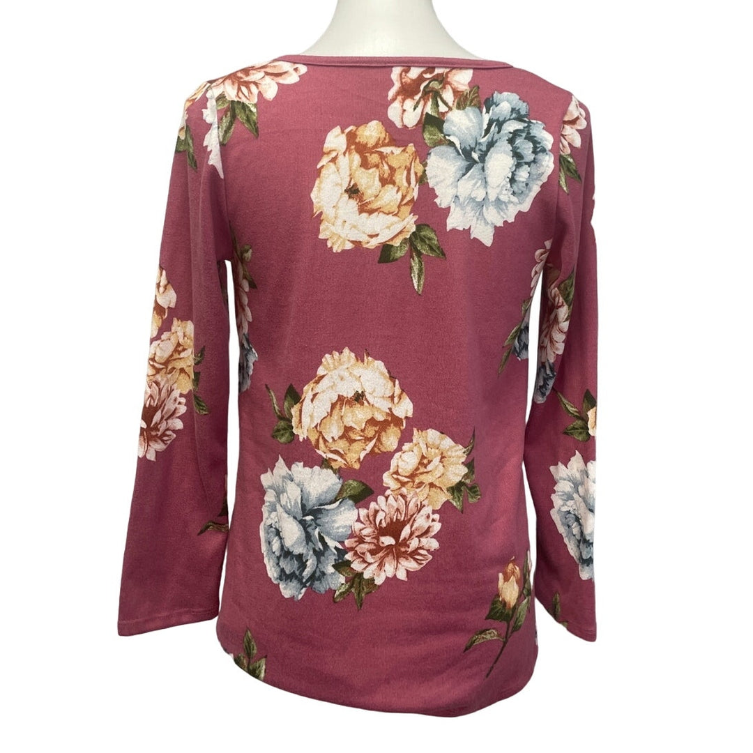 Emerald Women Dusty Pink Small PolySpandex Floral Long Sleeve V Neck Blouse
