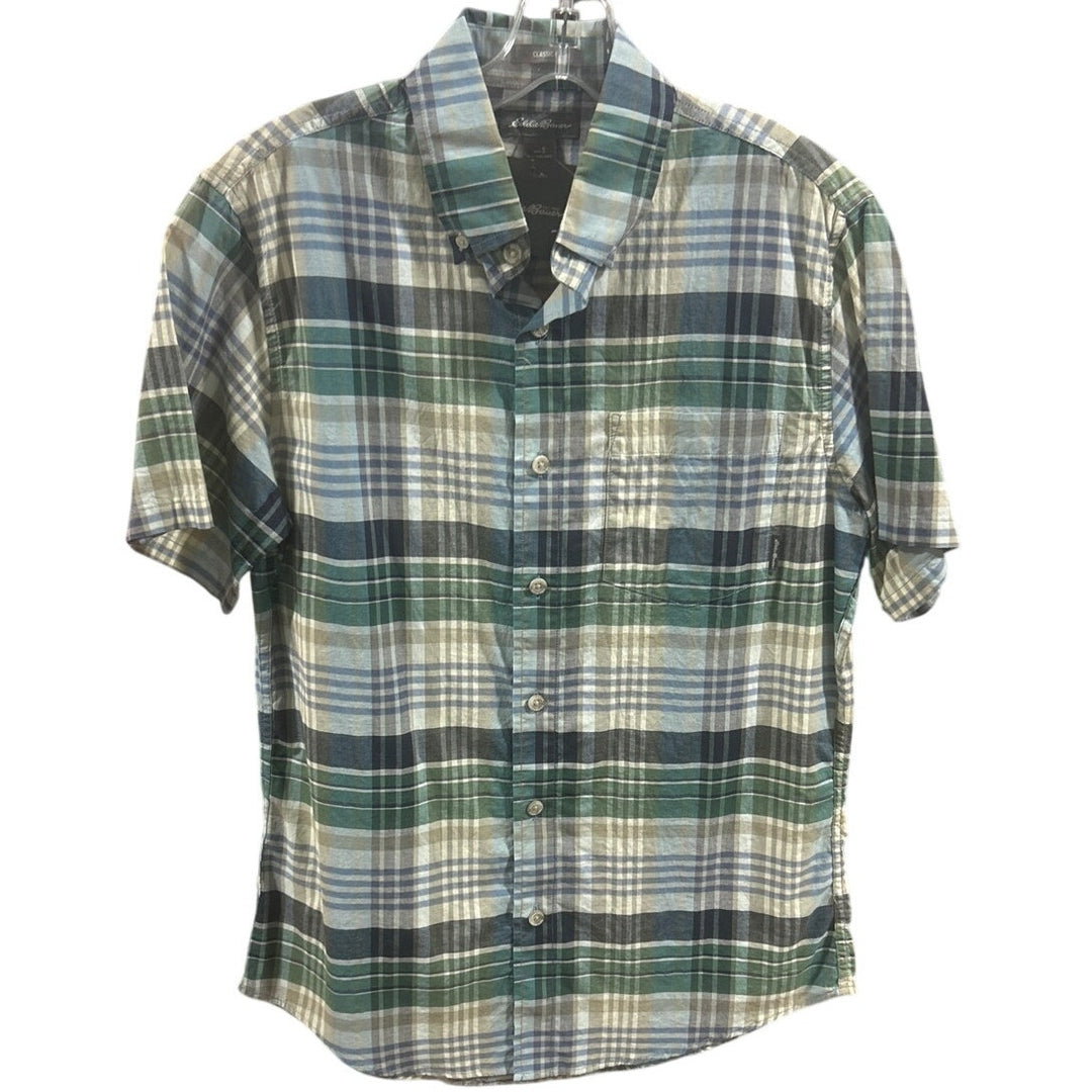 New Eddie Bauer Mens Blue Green Plaid Short Sleeve 100% Cotton Kingston Shirt