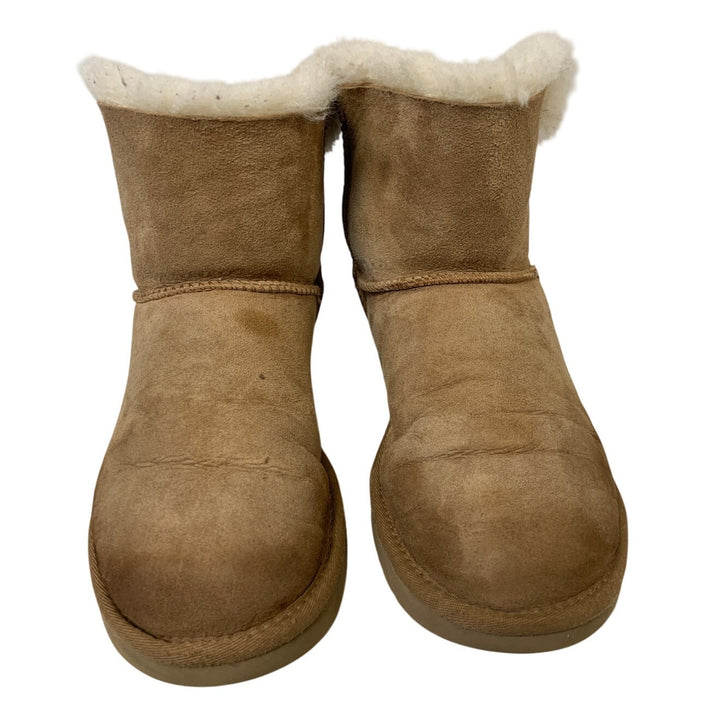 Ugg Womens Size 7 Tan Ankle Boots Mini Back Bow Fur Lined Round Toe Shoes