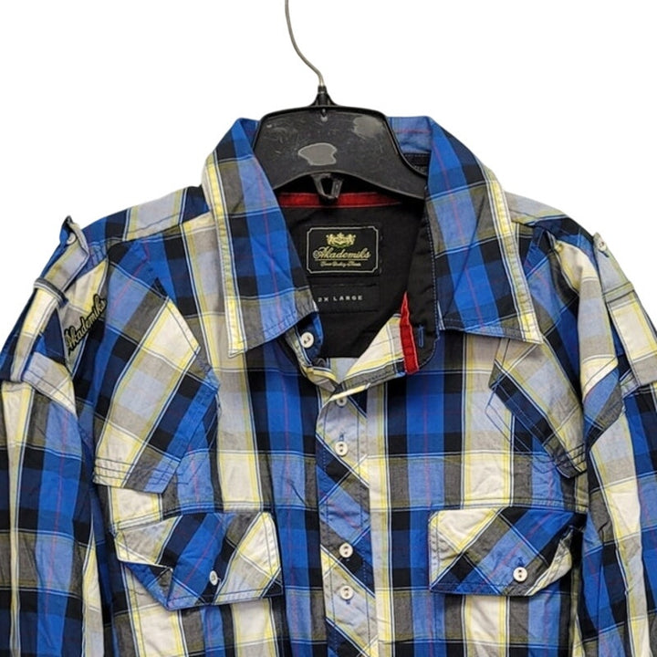Akademiks Mens 2XL 100% Cotton Plaid Long Sleeve Button Up Shirt w Front Pockets