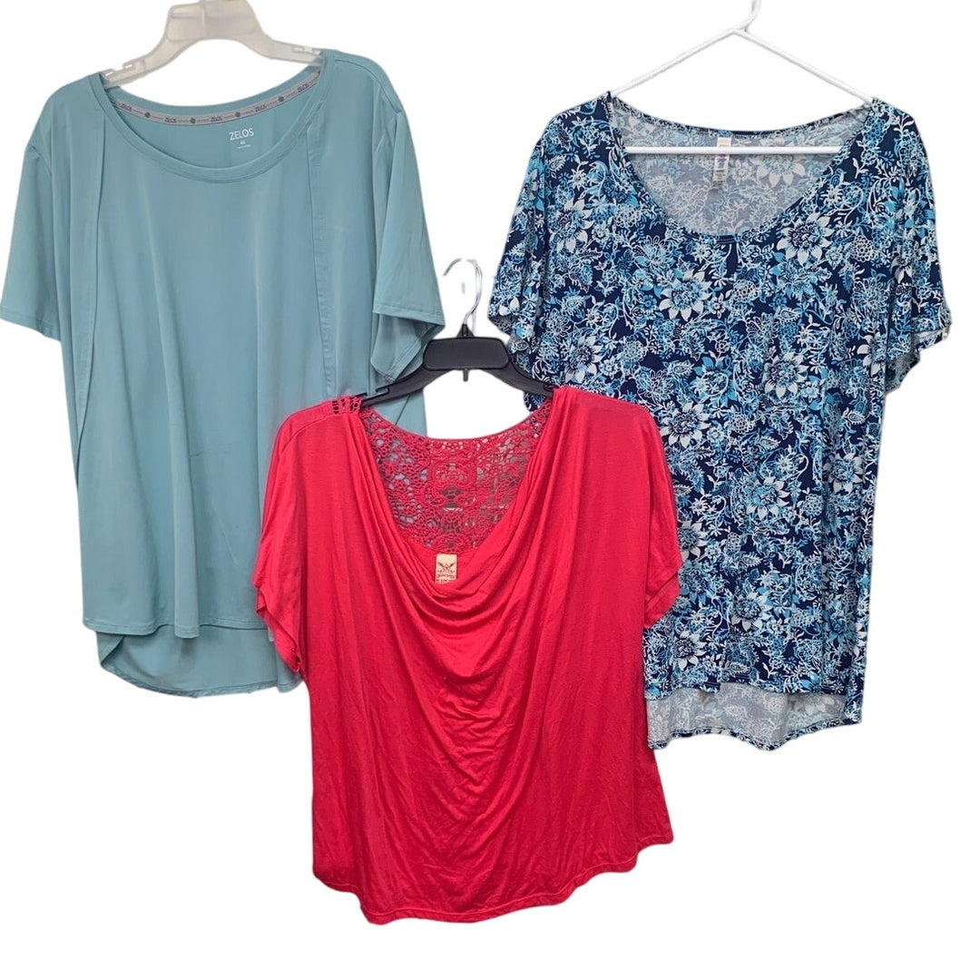 Lot of 3 Womens 3X 4X Pink Floral Solid Pink Blue Short Sleeve Summer Shirts