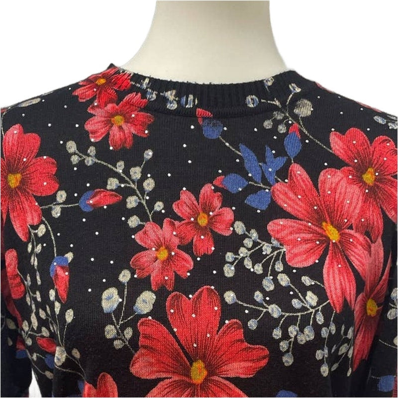 Emily Daniels Medium Long Sleeve Silver Stud Bejeweled Crew Neck Floral Sweater