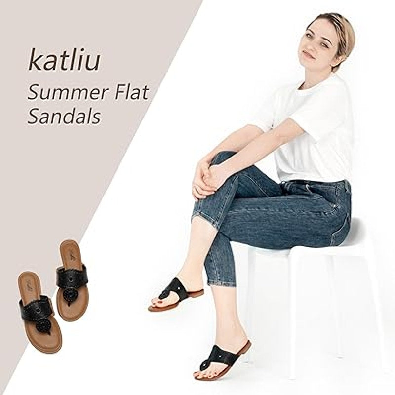 Katliu Womens Size 6 Black Wide Band Vamp Flat Thong Flip Flop Sandal Shoes