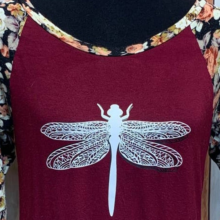 Hand Printed Upcycled Small Dragonfly Soft Long Sleeve Floral Raglan Tee Blouse