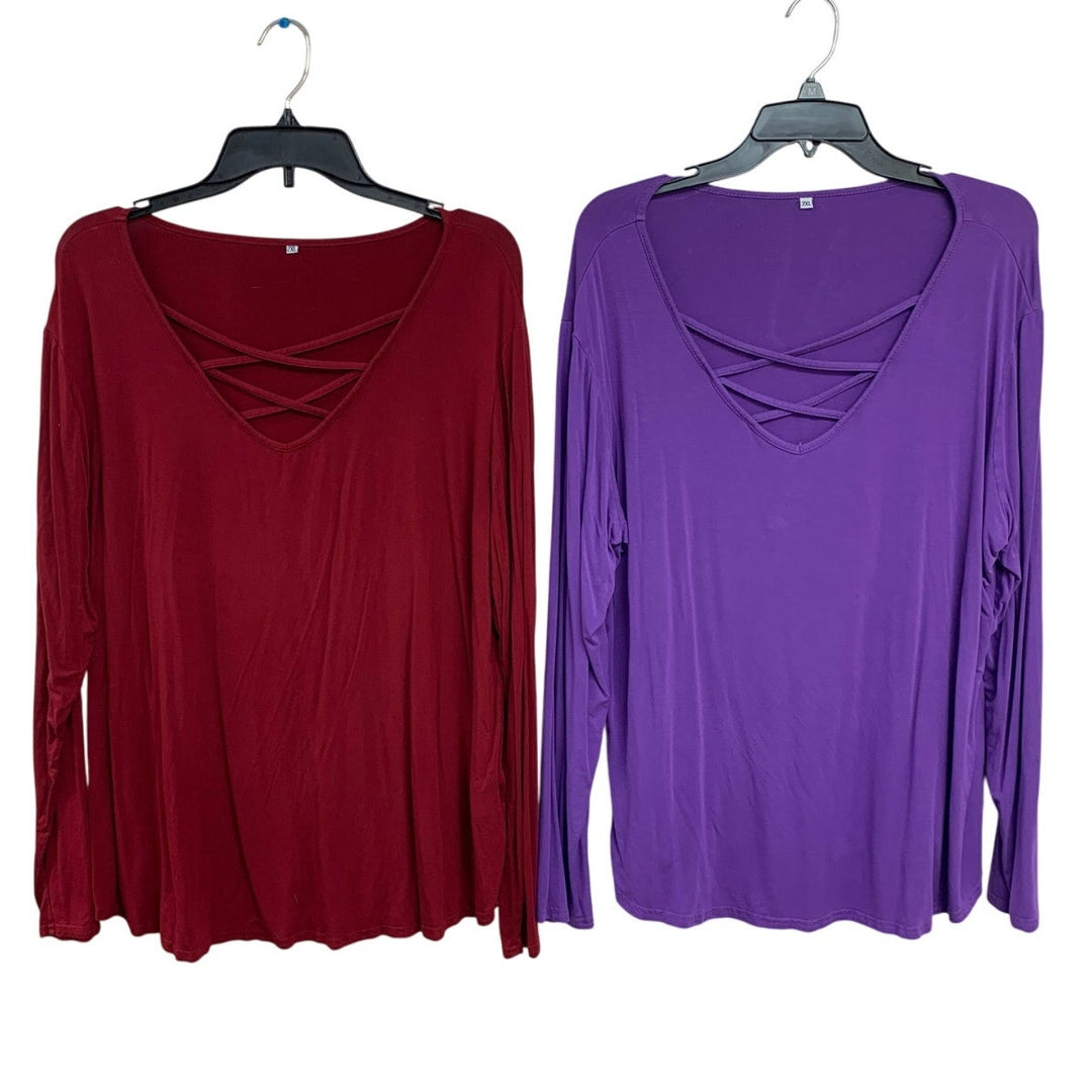 2 Womens 2XL Rayon Blend Long Sleeve Criss Cross V Neck Tee Shirts Tops