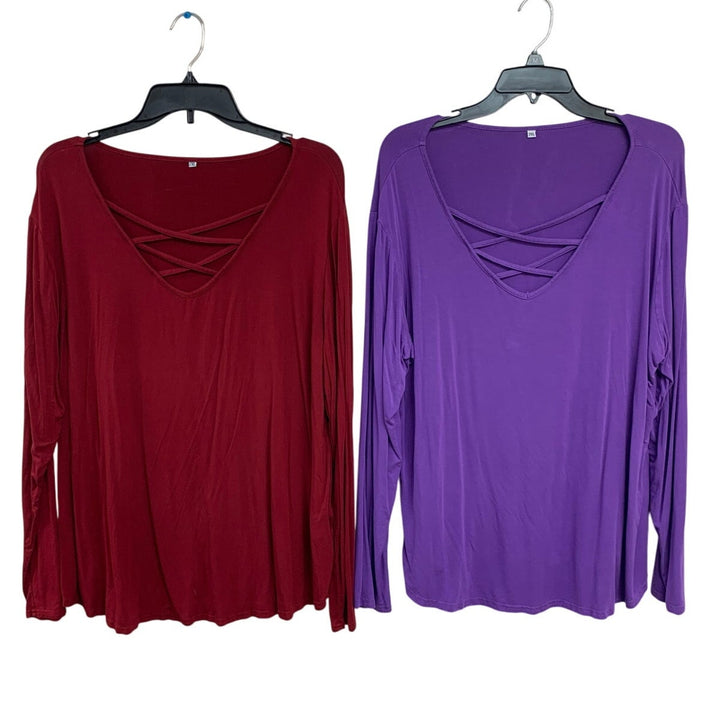 2 Womens 2XL Rayon Blend Long Sleeve Criss Cross V Neck Tee Shirts Tops