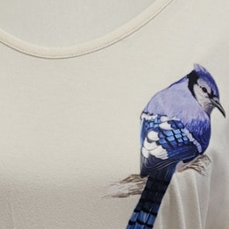 Hand Printed Upcycled Womens Medium Blue Jay Bird Long Sleeve 3/4 Sleeve Tee