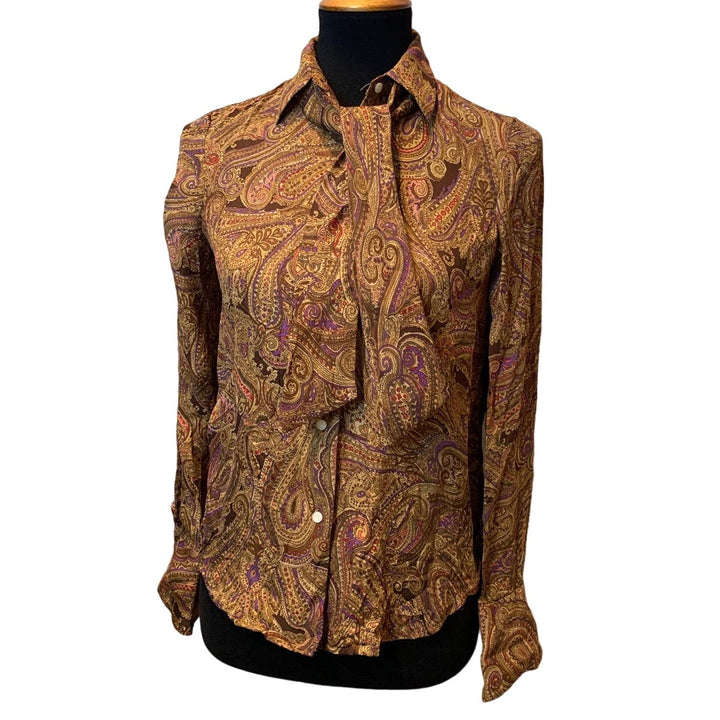 Jones New York Signature Petite 100% Silk Long Sleeve Paisley Button Up Blouse