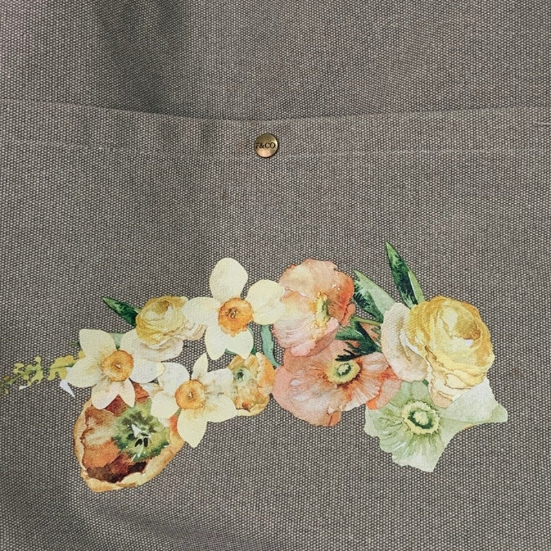 Hand Printed Upcycled Daffodil Yellow Rose Flower Shoulder Front Pocket Tote Bag