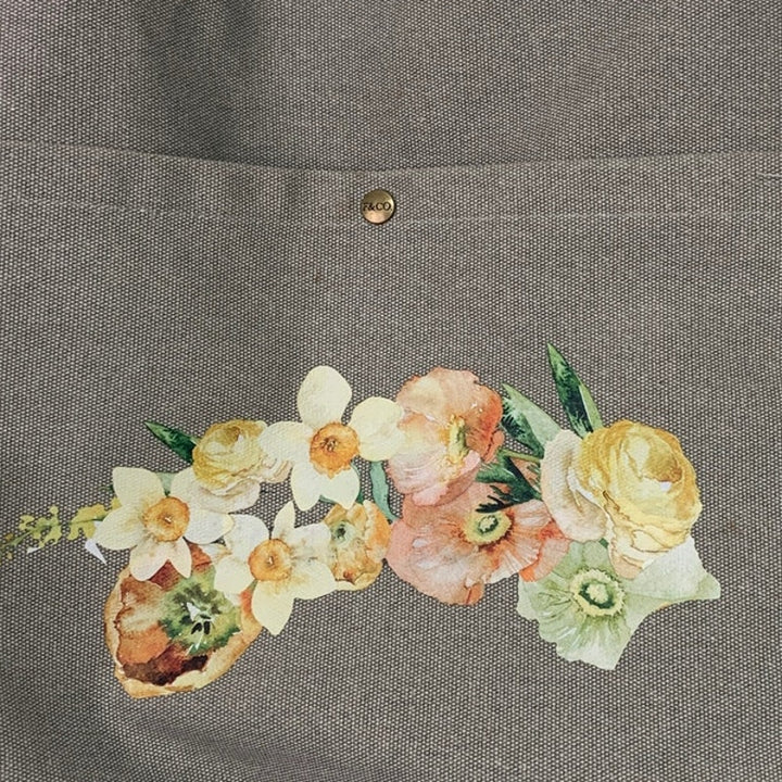 Hand Printed Upcycled Daffodil Yellow Rose Flower Shoulder Front Pocket Tote Bag