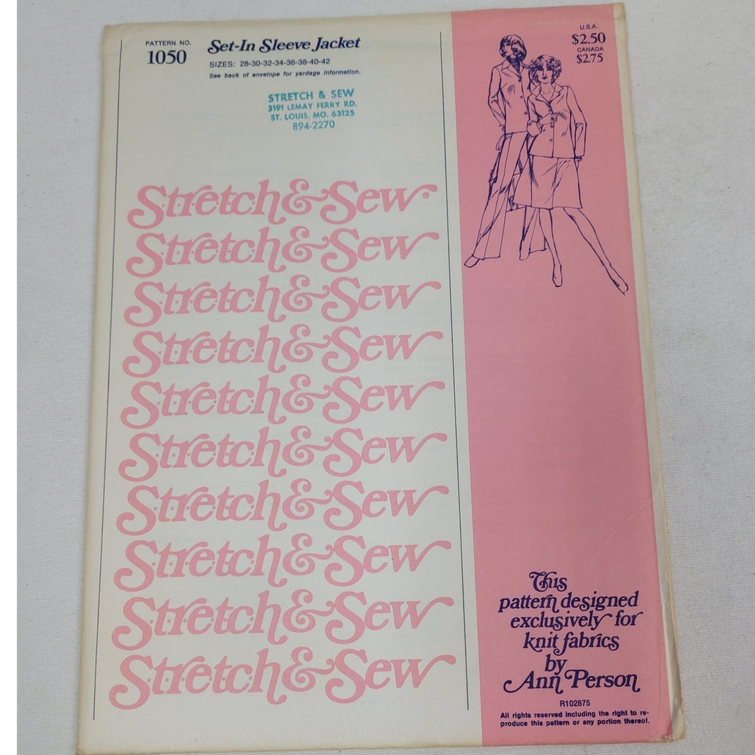 Vintage 1974 Stretch &amp; Sew 1050 Set-In Sleeve Jacket Knit Fabric Uncut Pattern
