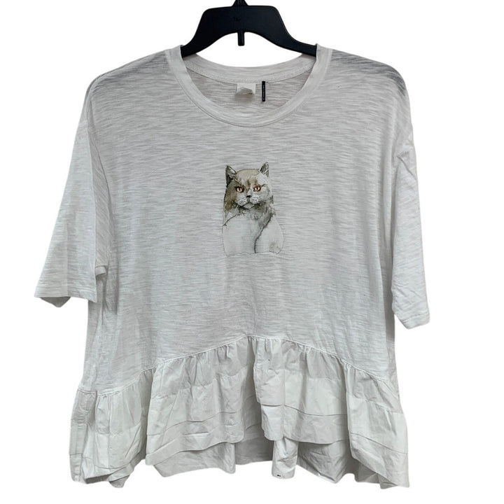 Upcycled Hand Printed Womens Medium Gray Cat Ruffle Bottom Half Sleeve Top