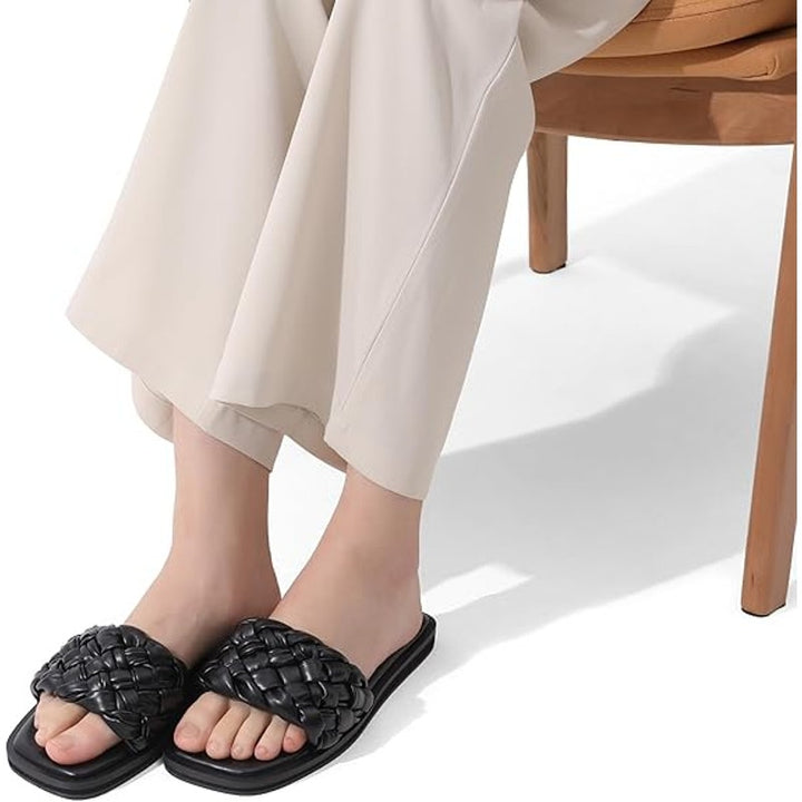 Dream Pairs Womens 10 Black Weave Slide On Open Toe Faux Leather Sandals