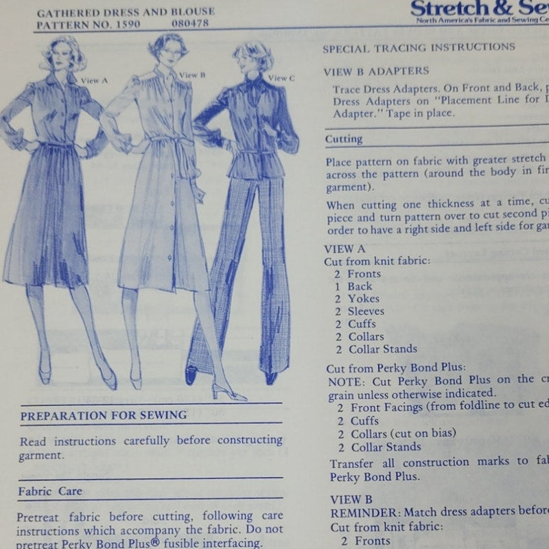 Vintage 1978 Stretch &amp; Sew 1590 Gathered Dress And Blouse Uncut Sewing Pattern