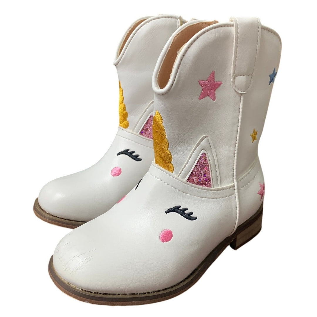 Parrosoo Toddler Girls 9 White Faux Leather Unicorn Cowgirl Cowboy Boot Shoes