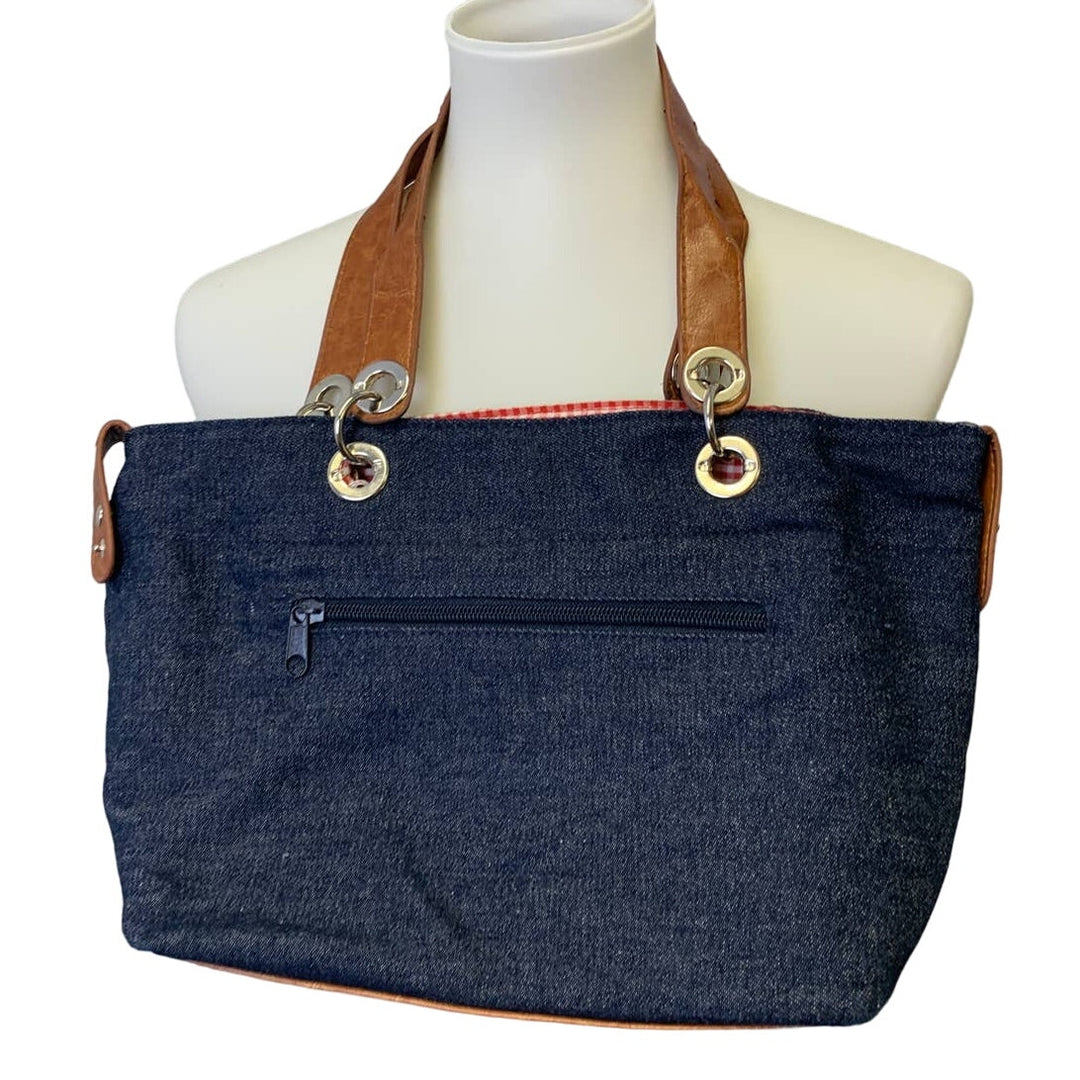 Unbranded Lightweight Denim Blue Leather Accent Red Gingham Interior Purse