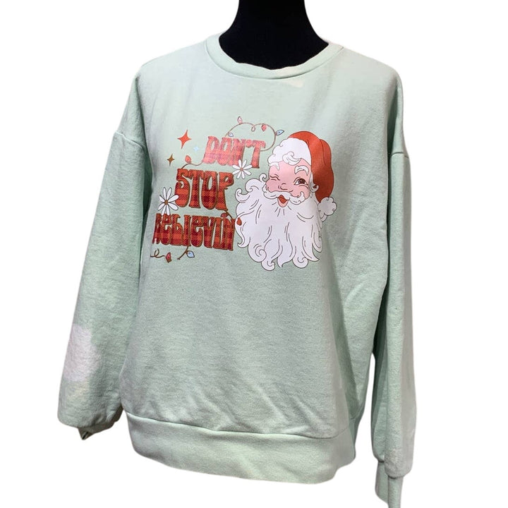 Upcycled Hand Printed Medium Christmas Santa Believe Long Sleeve Sweatshirt