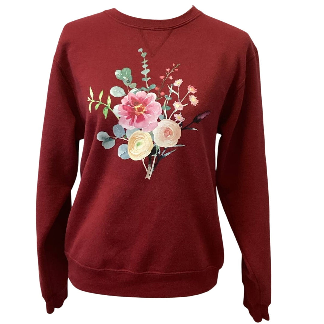 Hand Printed Small Upcycled Watercolor Flower Peony Aster Bouquet Sweatshirt
