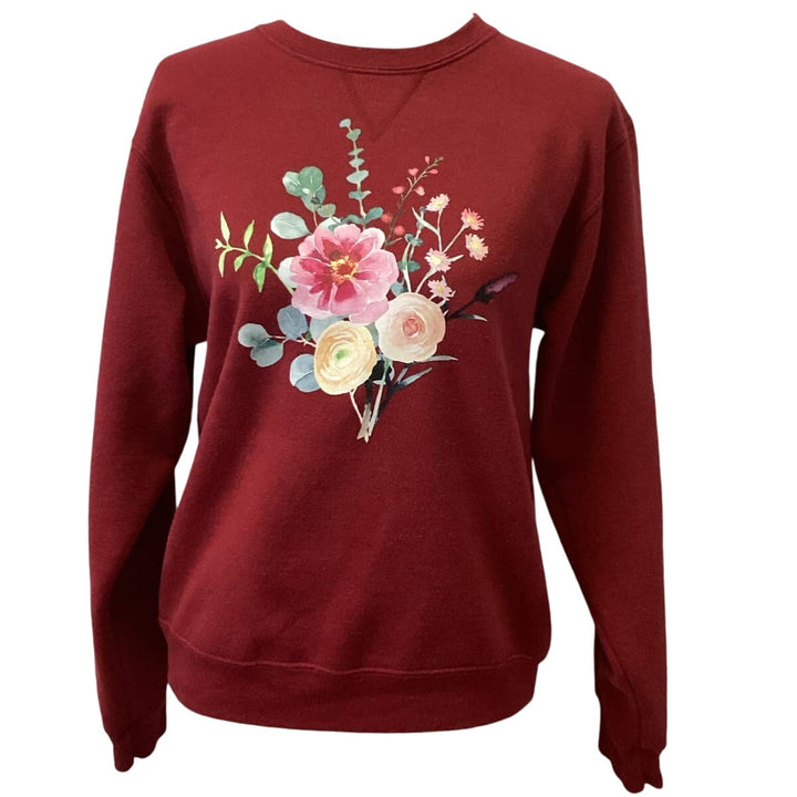 Hand Printed Small Upcycled Watercolor Flower Peony Aster Bouquet Sweatshirt