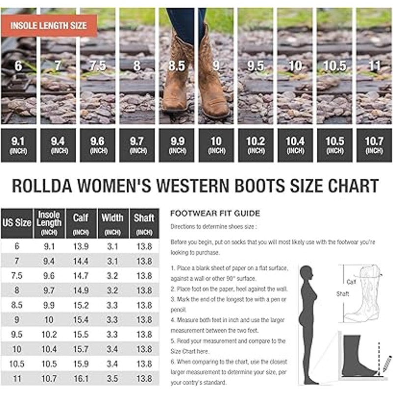 Rollda Womens Size 7 Black Faux Leather 2" Block Heel Western Cowboy Boots Shoes