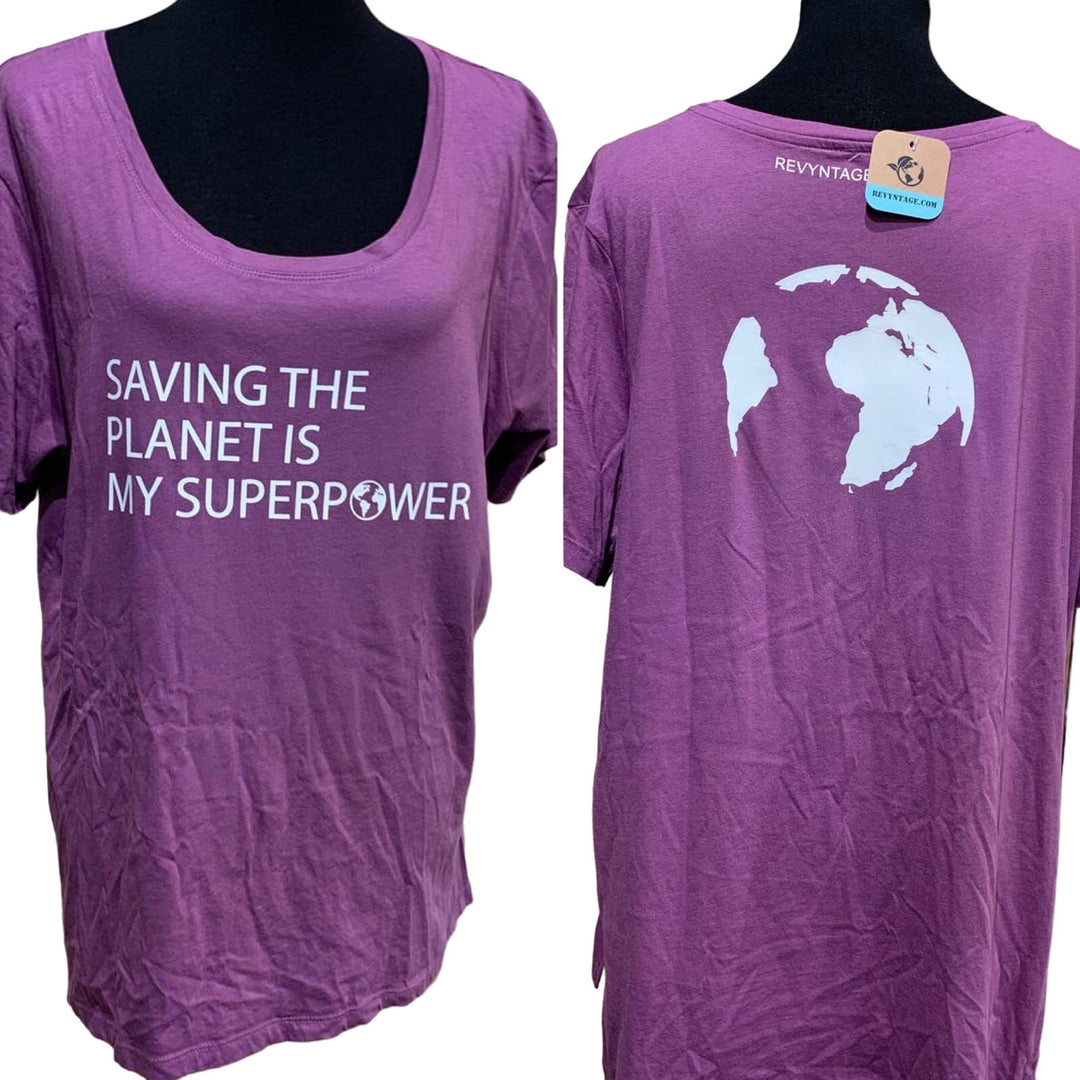 Hand Printed Upcycled Womens XXL Saving the Planet is My Superpower Tee Shirt