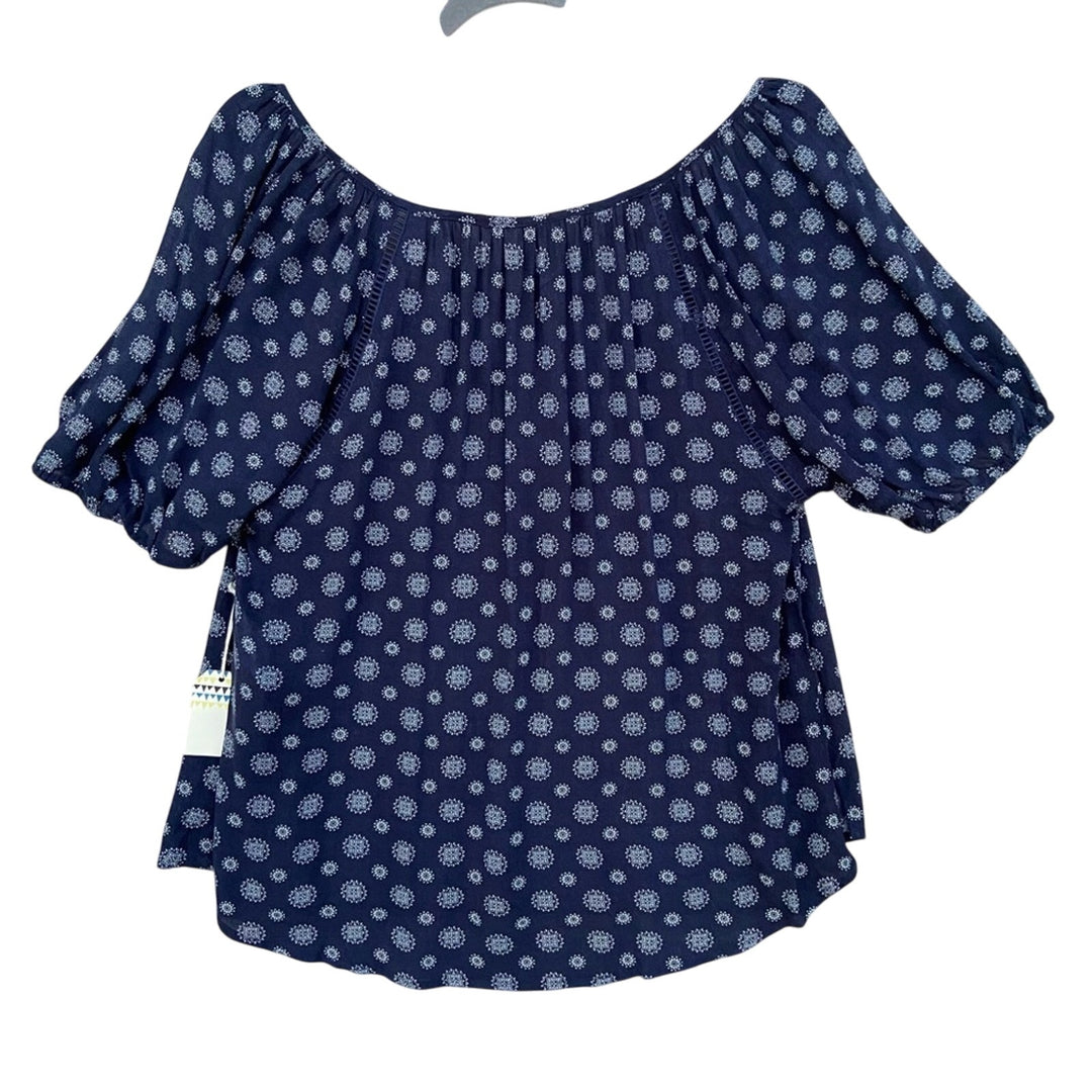 NWT Forever 21 Womens Small Navy Floral Short Sleeve Front Tie Semi Sheer Blouse