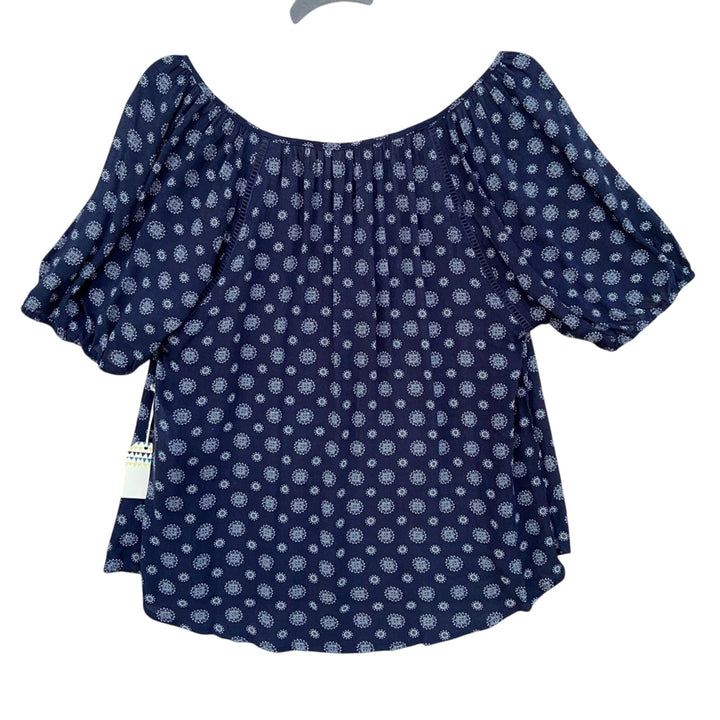 NWT Forever 21 Womens Small Navy Floral Short Sleeve Front Tie Semi Sheer Blouse