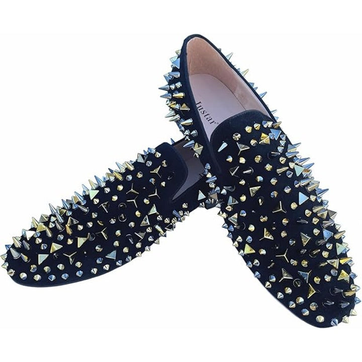 Justar Mens 11 Black Suede Leather Gold Spikes Studded Loafer Slide On Shoes