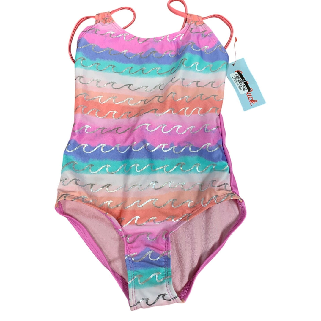 NWT New Cat &amp; Jack Girls Size XS (4/5) Striped Silver Wave 1PC Swimsuit