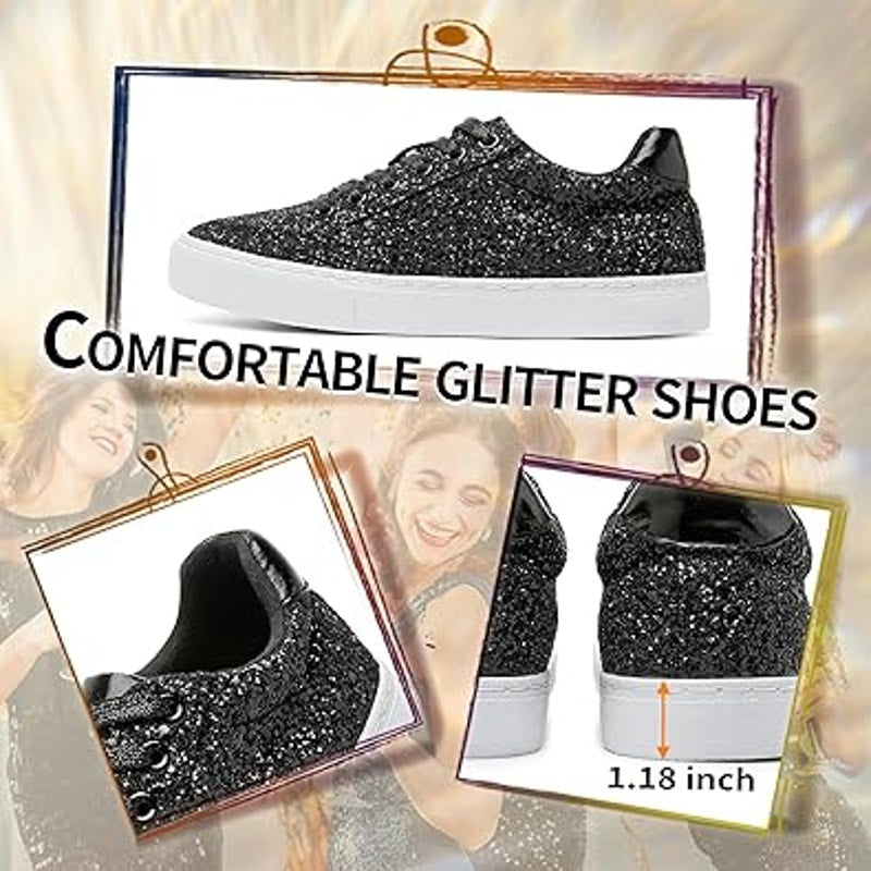 Jeekopeg Womens Size 6 Black Glitter Sparkly Lace Up Low Cut Sneaker Shoes