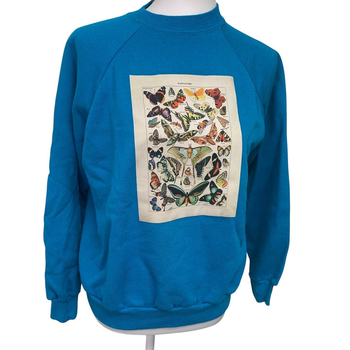 Hand Printed Upcycled Womens Medium Vintage Book Page Butterfly Sweatshirt