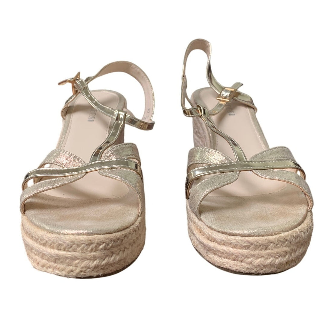 Makegsi Womens Size 10 Shiny Gold 4" Espadrille Wedge Heel Open Toe Sandal Shoes
