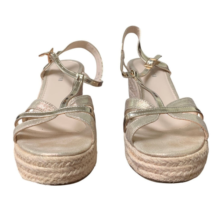 Makegsi Womens Size 10 Shiny Gold 4" Espadrille Wedge Heel Open Toe Sandal Shoes