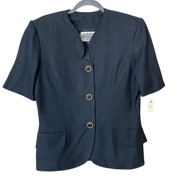 New Kasper Womens Size 10 Black Short Sleeve Padded Shoulder Button Up Blazer