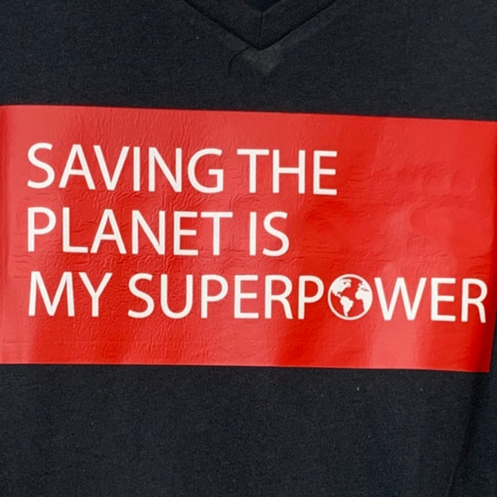 New Upcycled Hand Printed Womens Small Saving the Planet Is My Superpower Tee