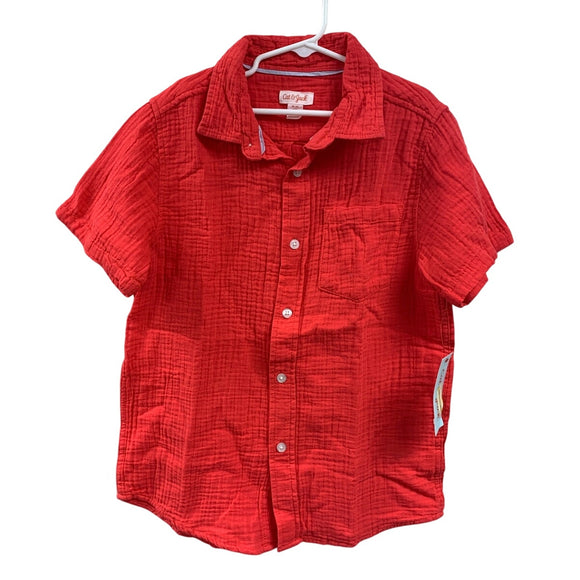 New Cat & Jack Boys Medium Red Melon Short Sleeve 100% Cotton Button Up Shirt