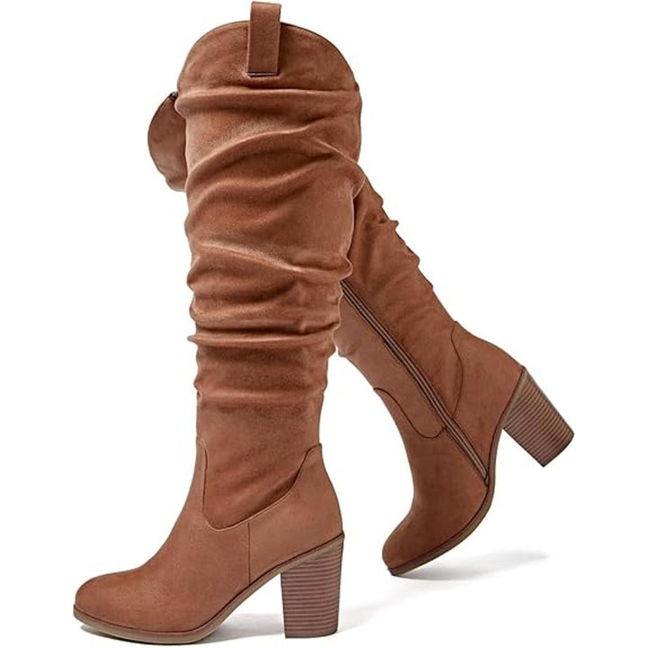 Luoika Womens Size 9 Extra Wide Brown Faux Suede Slouch 3.5" Heel Cowboy Boots