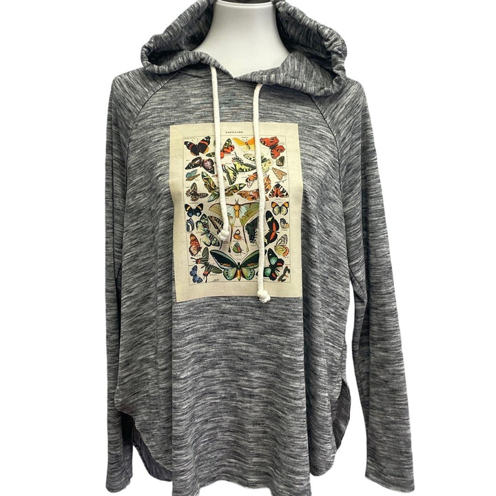 Hand Printed Upcycled Womens Large Vintage Reference Book Butterfly Page Hoodie