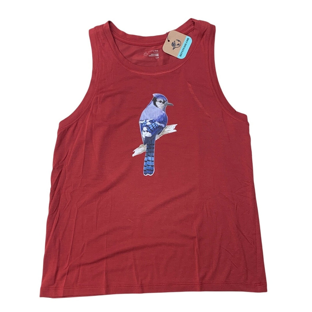 New Upcycled Hand Printed Women Small Blue Jay Bird Sleeveless Athletic Tank Top