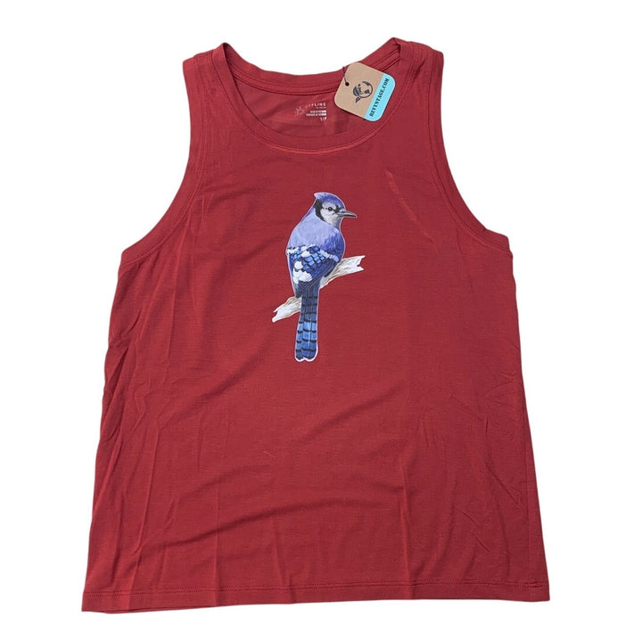 New Upcycled Hand Printed Women Small Blue Jay Bird Sleeveless Athletic Tank Top