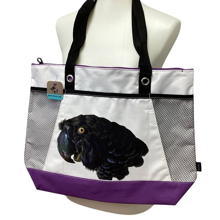 Upcycled Hand Printed Black Parrot Vinyl Tote Bag Ukraine Artist Fundraiser