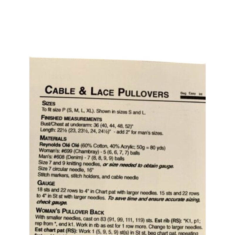 New Reynolds Yarns Ole-Ole 82294 Cable &amp; Lace Pullover Knitting Pattern New