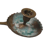 Vintage Pair Tarnished Patina Brass Taper Candle Holders Handles Wax Drip Tray