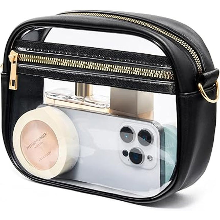 New Fibrdoo Black Faux Leather Trim Clear Stadium Approved Crossbody Purse Bag
