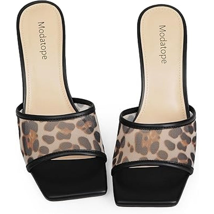 Modatope Womens Size 6 Black Leopard Mesh Open Toe 3" Heel Slide On Sandal Shoes
