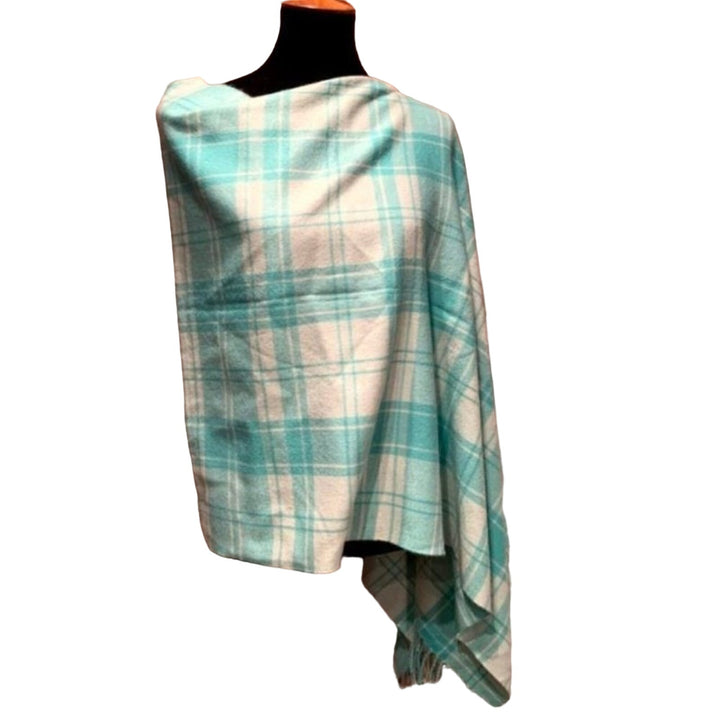 Handmade Upcycled 100% Acrylic Asymmetrical Warm Plaid Boat Neck Poncho Wrap