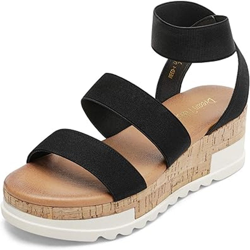 Dream Pairs Womens Size 5.5 Black Elastic Strap 2.5" Platform Open Toe Sandals
