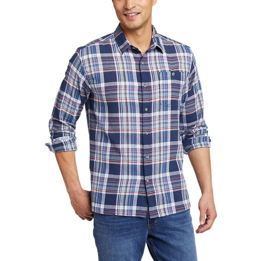 New Eddie Bauer Mens Small Blue Red Plaid Breezeway Long Sleeve Button Up Shirt